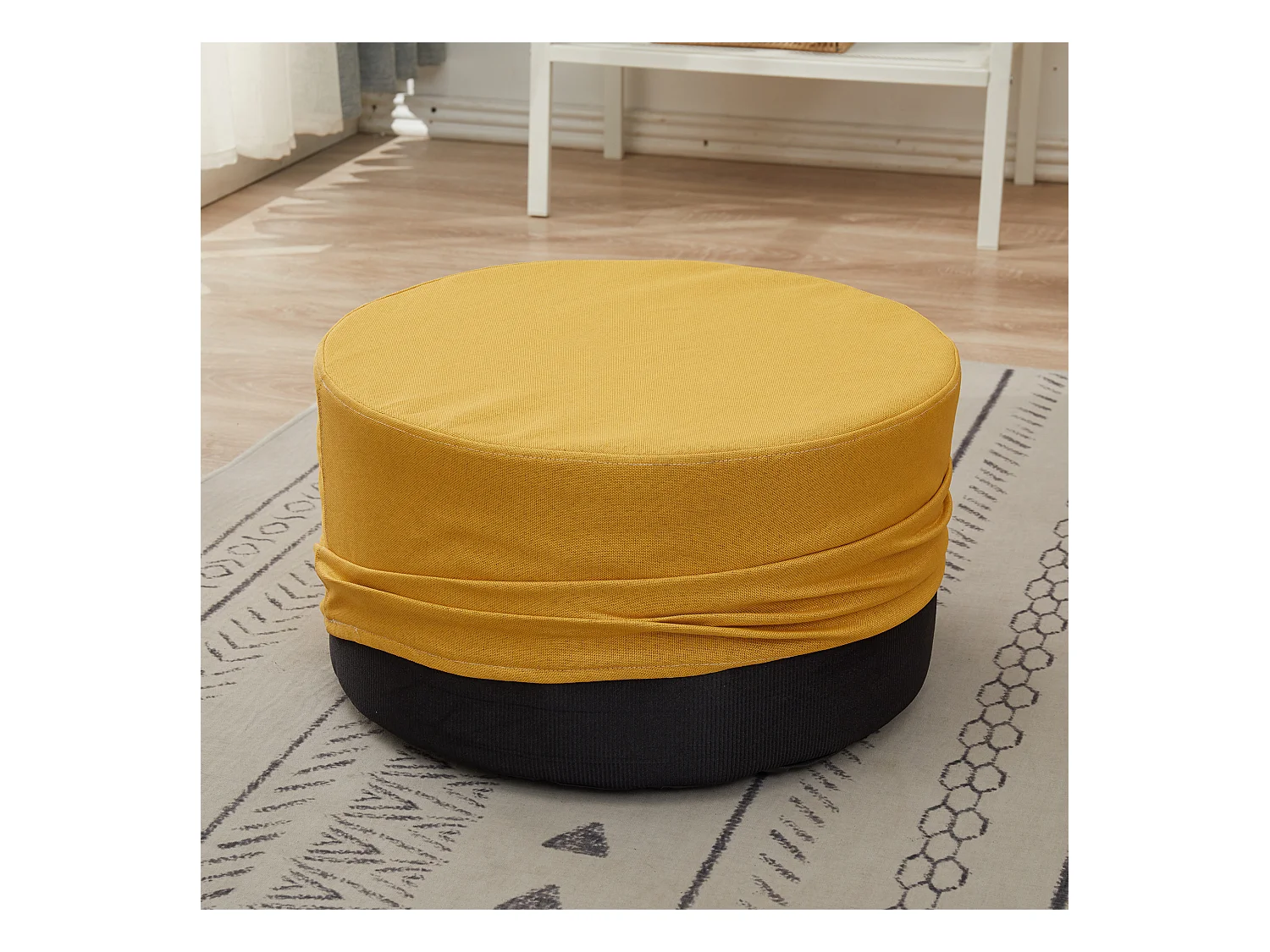 Sgabello Pouff Imbottito Legno Tessuto Giallo Moderno 25x45x45