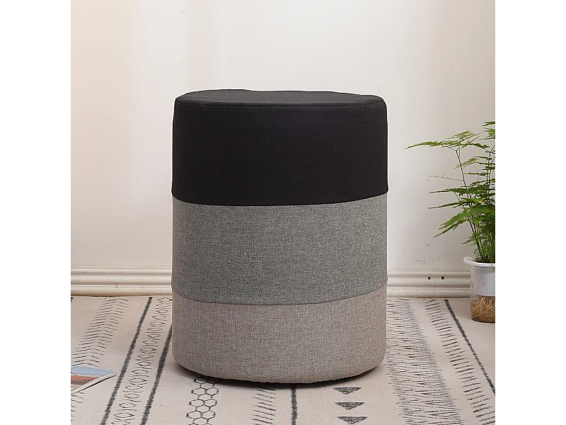 Pouf Sgabello Rotondo Poggiapiedi Tessuto Grigio Bianco 45x35x35