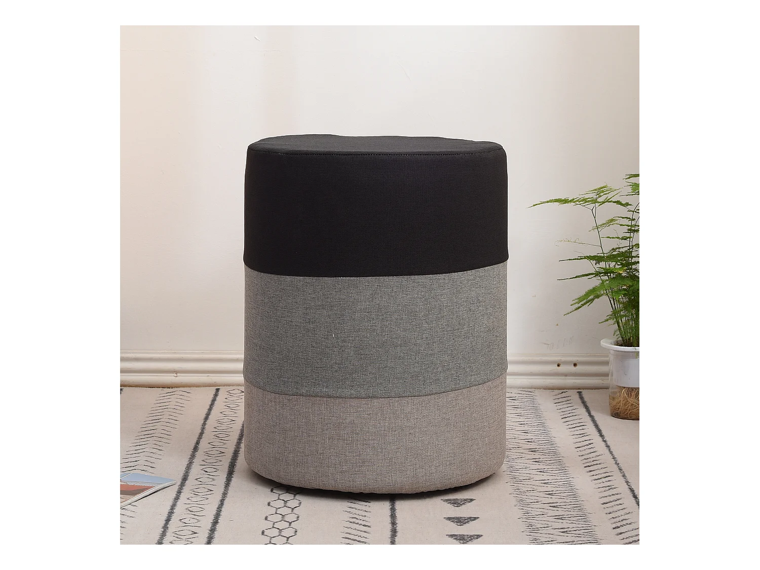 Pouf Sgabello Rotondo Poggiapiedi Tessuto Grigio Bianco 45x35x35