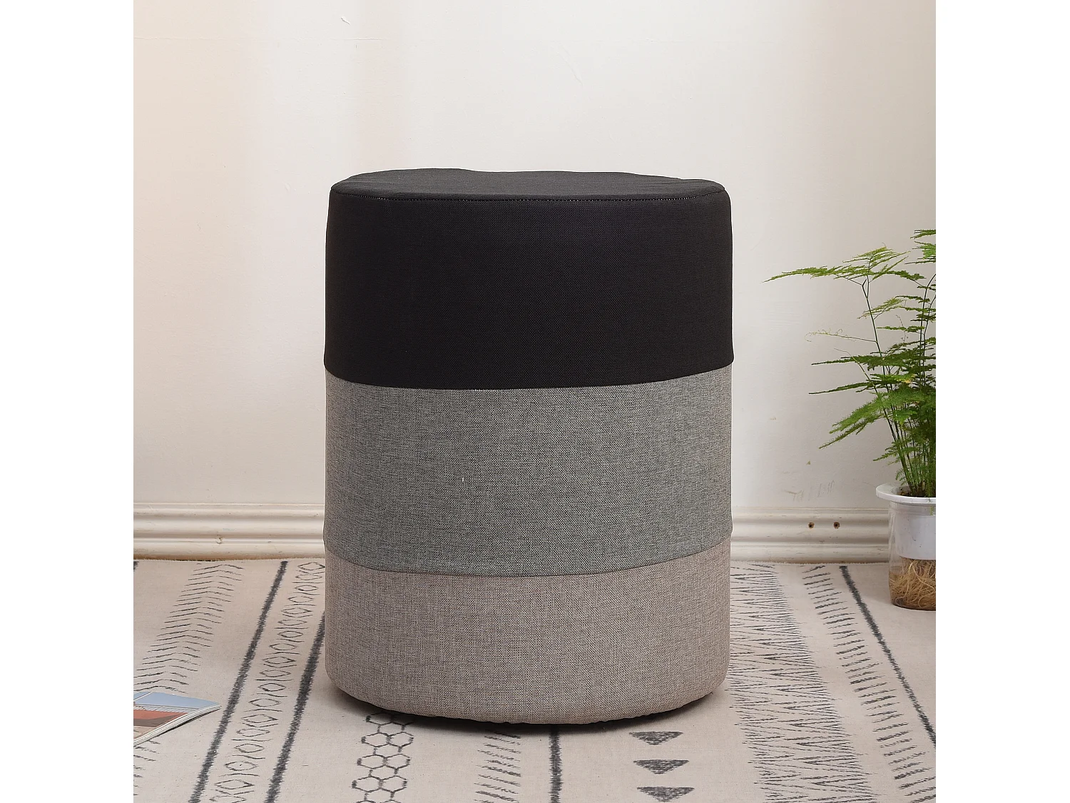 Pouf Assise Pouffe Tissu Rond Gris Blanc Vintage 45x35x35