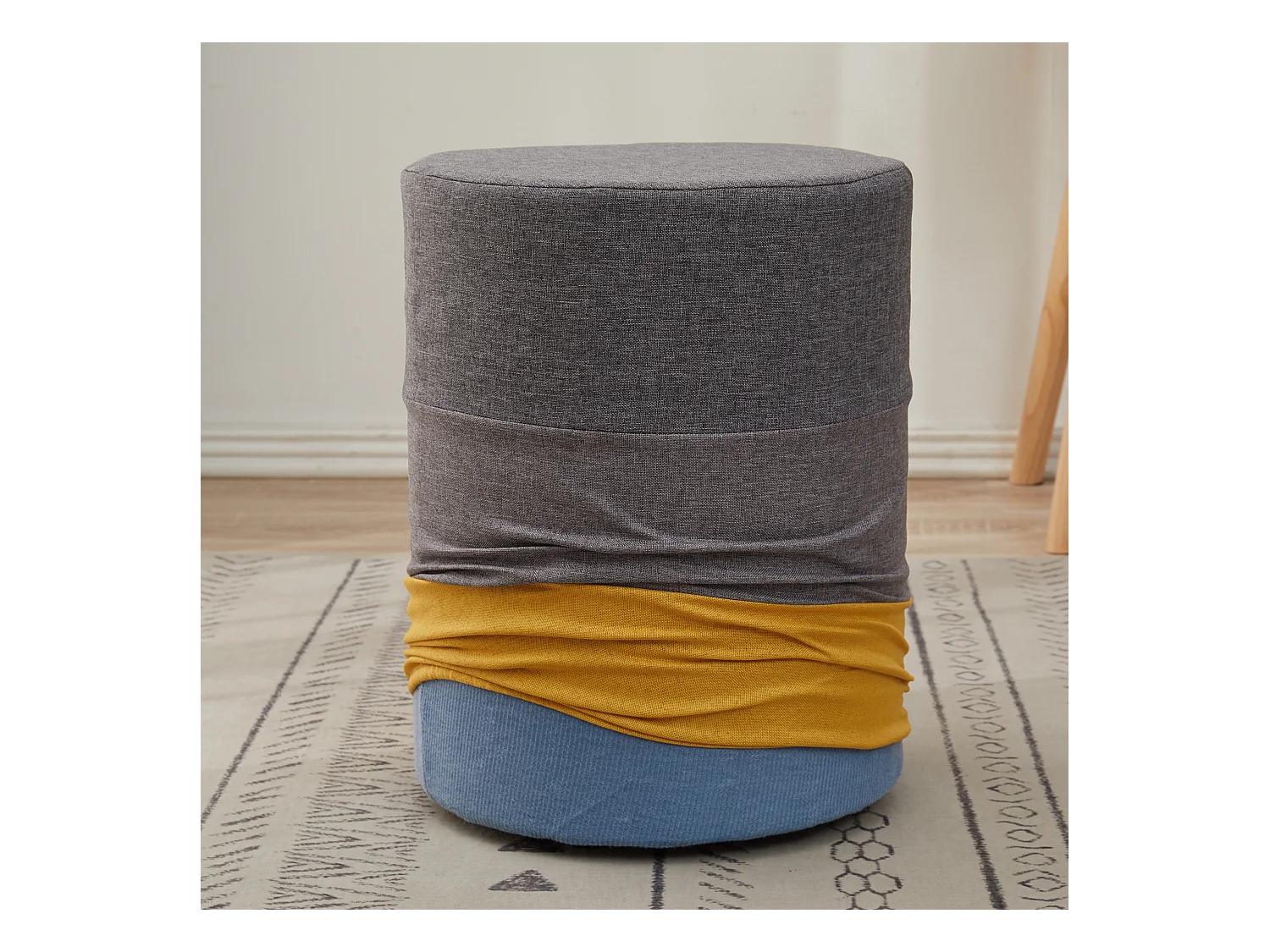 Poggiapiedi Pouf Imbottito Legno Tessuto Giallo Grigio 45x35x35