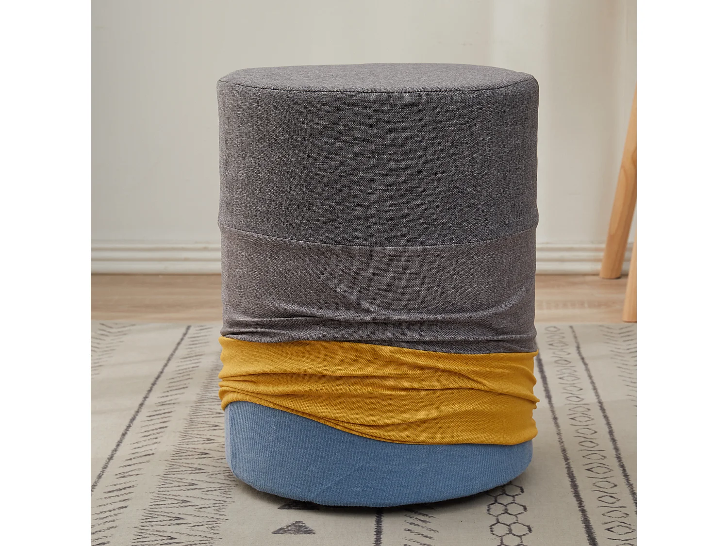 Tabouret Repose-pieds Pouf Rond Bois Tissu Jaune Gris 32x30x12