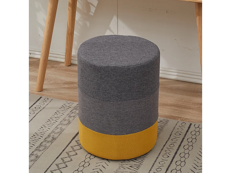 Tabouret Repose-pieds Pouf Rond Bois Tissu Jaune Gris 32x30x12