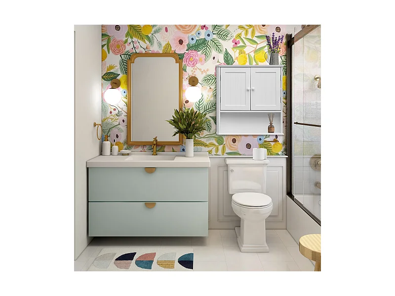 Armoire de salle de bain murale en Bois blanc 2 Portes et 1 étagère