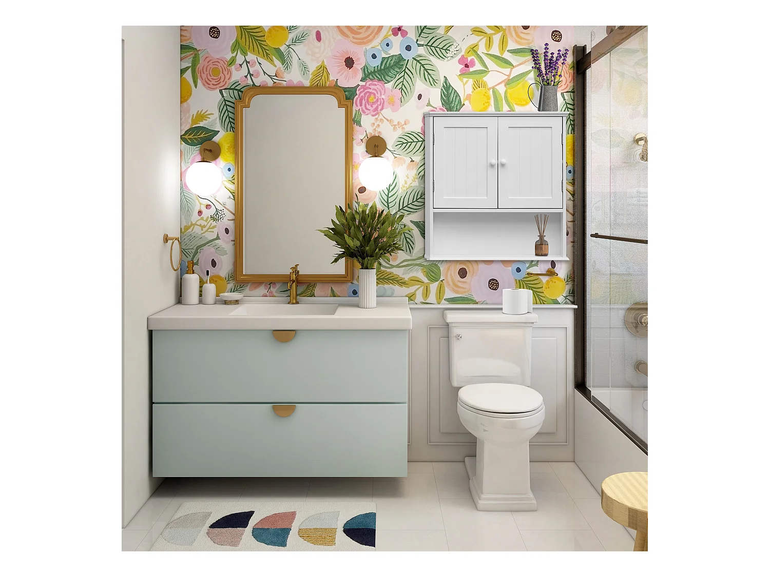 Armoire de salle de bain murale en Bois blanc 2 Portes et 1 étagère