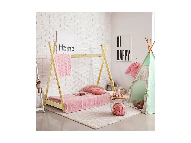Cadre de lit simple pour enfants rideau en bois naturel 90x200