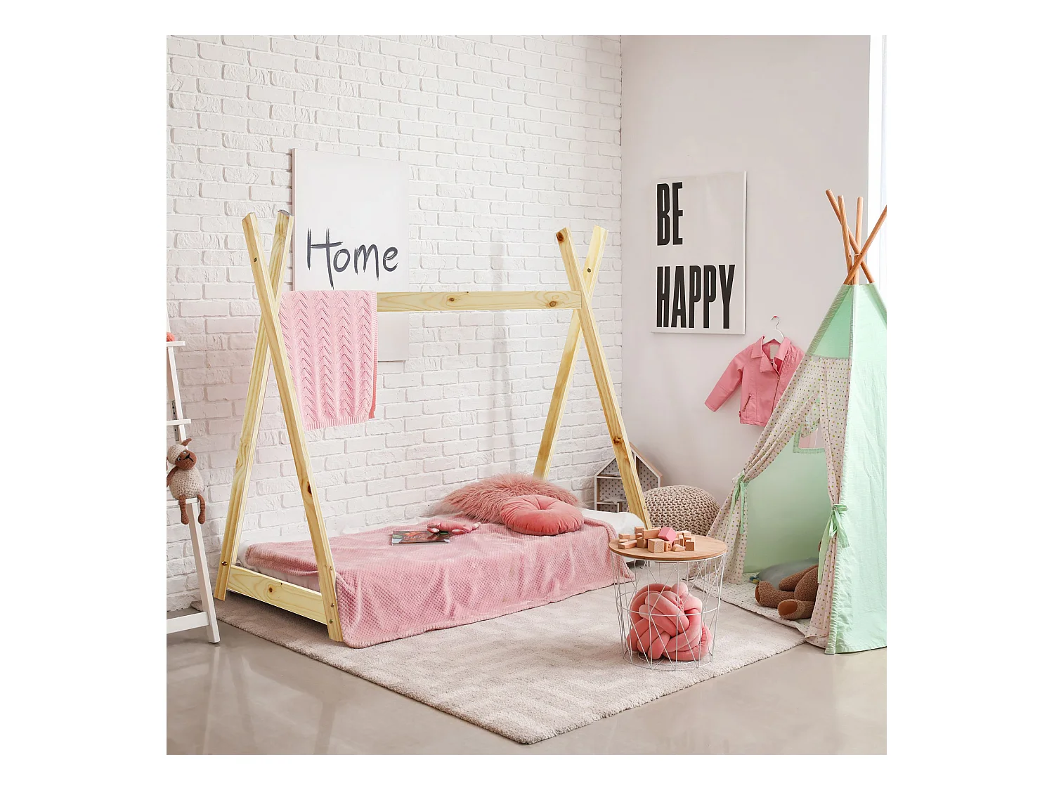 Cadre de lit simple pour enfants rideau en bois naturel 90x200