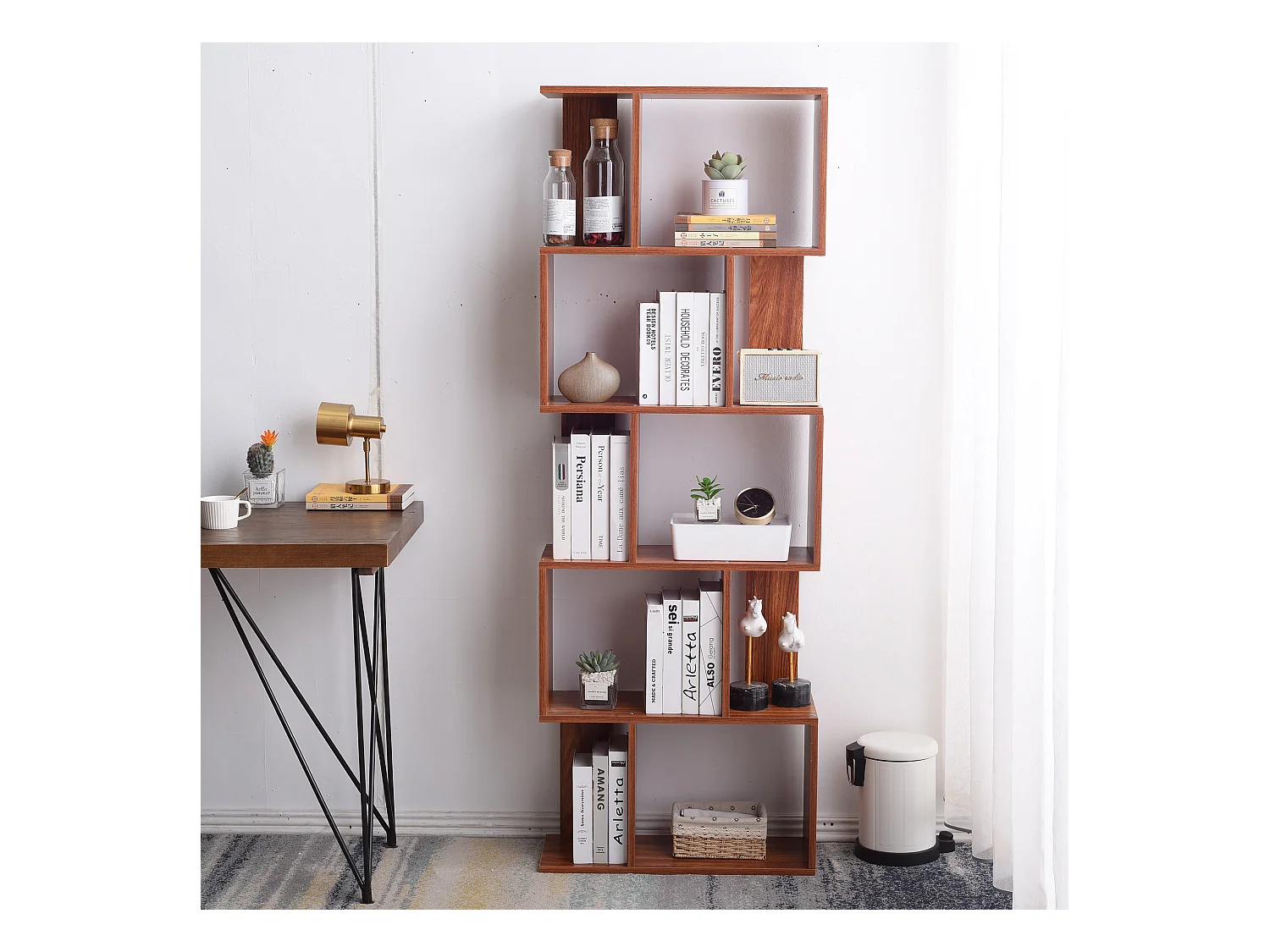 Bibliotheque 5 Etageres Marron Noyer Mdf Bureau 169x60x24