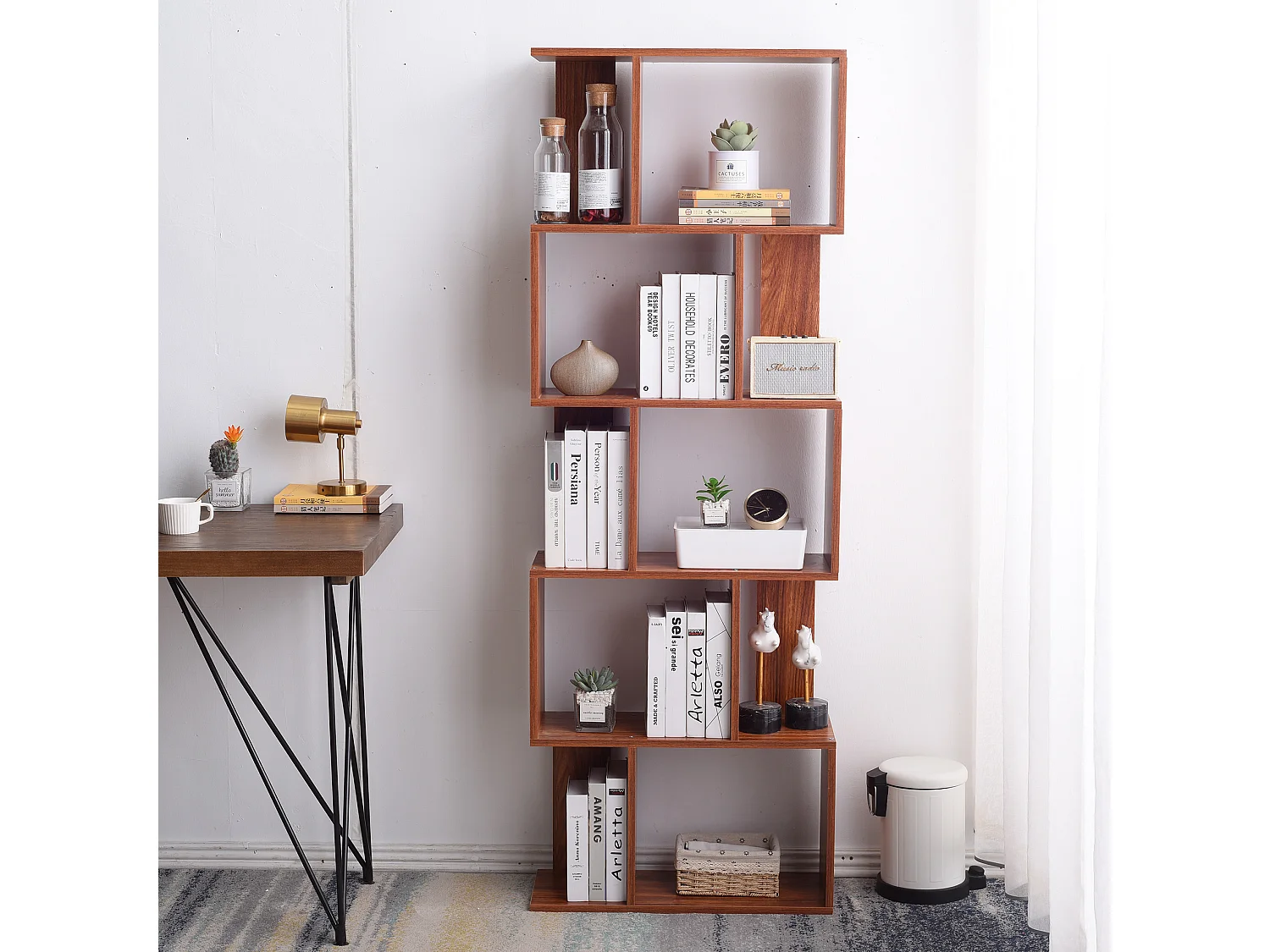 Bibliotheque 5 Etageres Marron Noyer Mdf Bureau 169x60x24