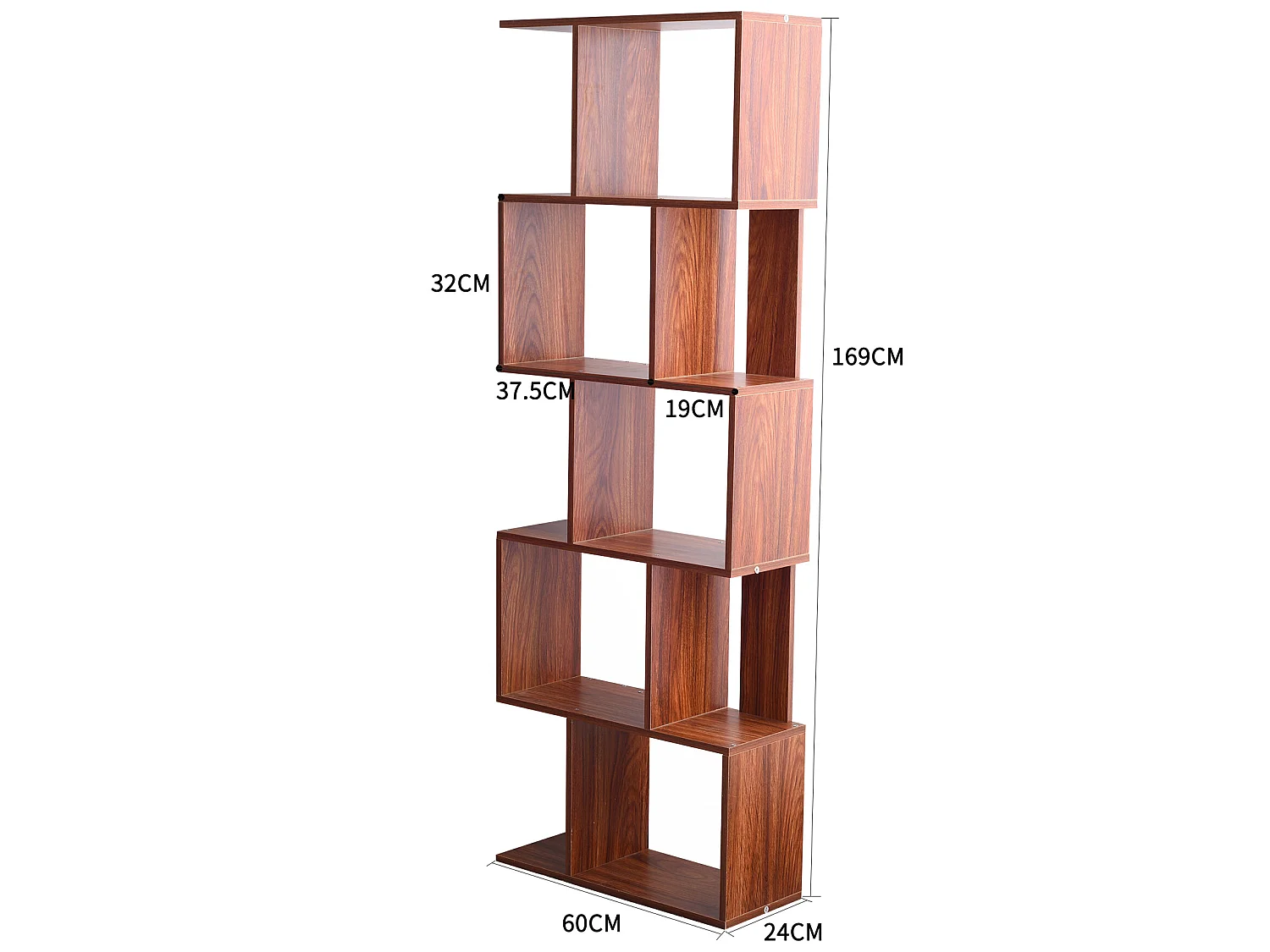 Bibliotheque 5 Etageres Marron Noyer Mdf Bureau 169x60x24