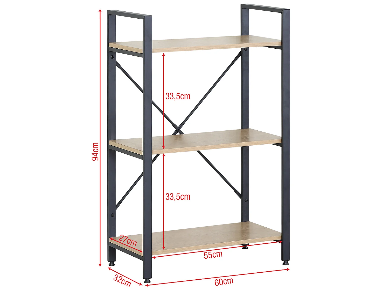 Bibliothèque 3 étagères en métal et bois noir beige design moderne