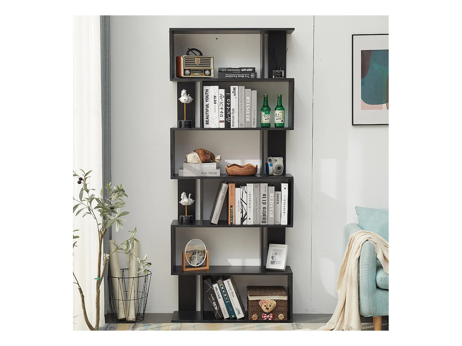 Libreria Scaffale Moderna Legno Nero 6 Ripiani 190x60x24