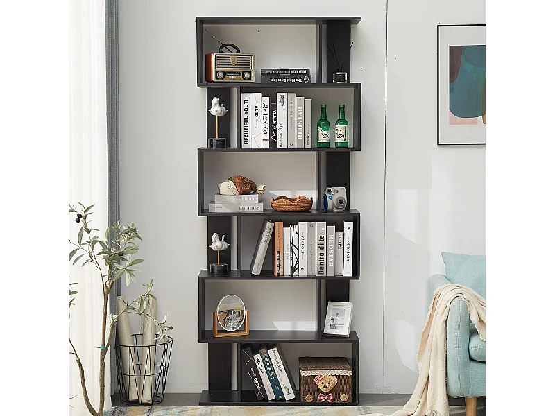 Libreria Scaffale Moderna Legno Nero 6 Ripiani 190x60x24