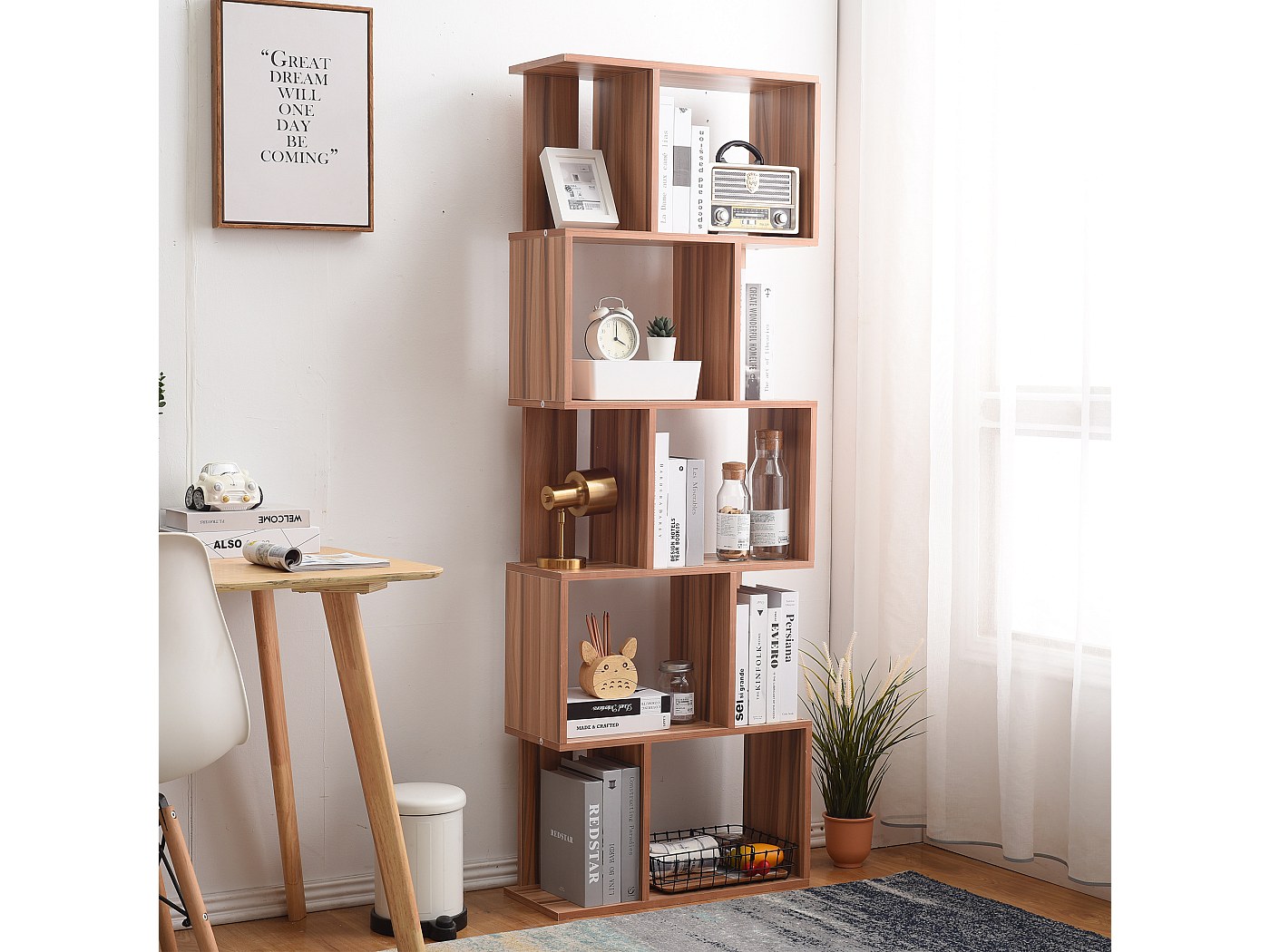 Libreria a 5 ripiani, alta e stretta, con ripiani, in legno e metallo, organizer per libri, espositore industriale, per camera da letto, soggiorno, marrone rustico