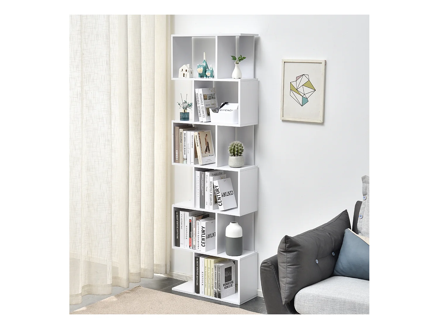 Scaffale Libreria Bianca Moderna con 6 Ripiani in Legno per Ufficio Soggiorno