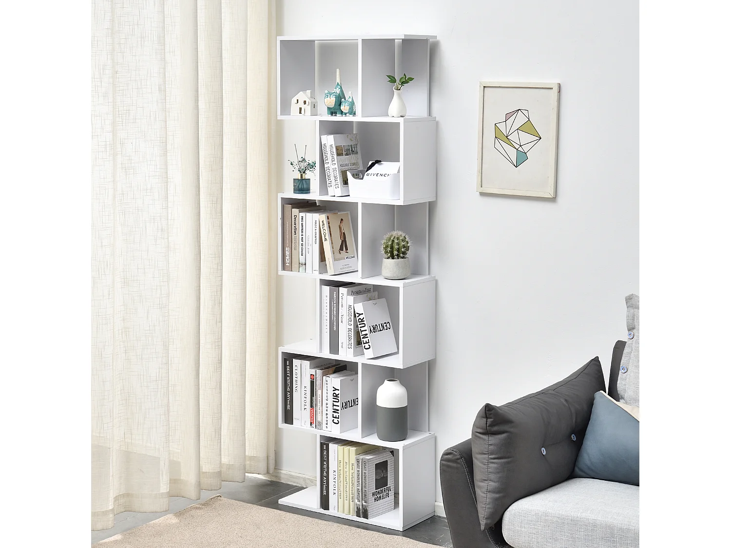 Bibliothèque Blanche moderne avec 6 étagères en Bois Bureau Salon