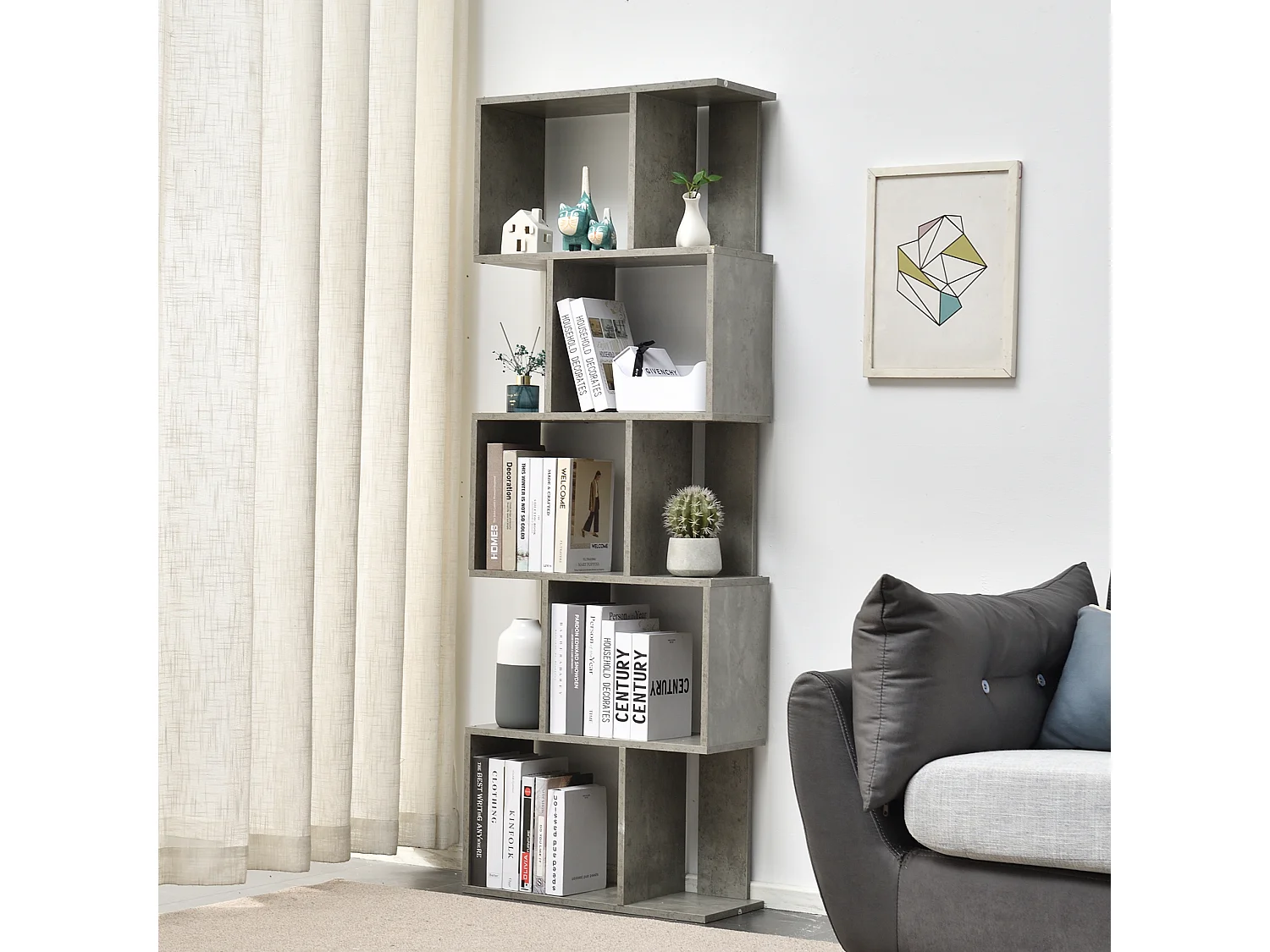 Bibliothèque moderne à 5 étagères en bois gris pour salon et bureau