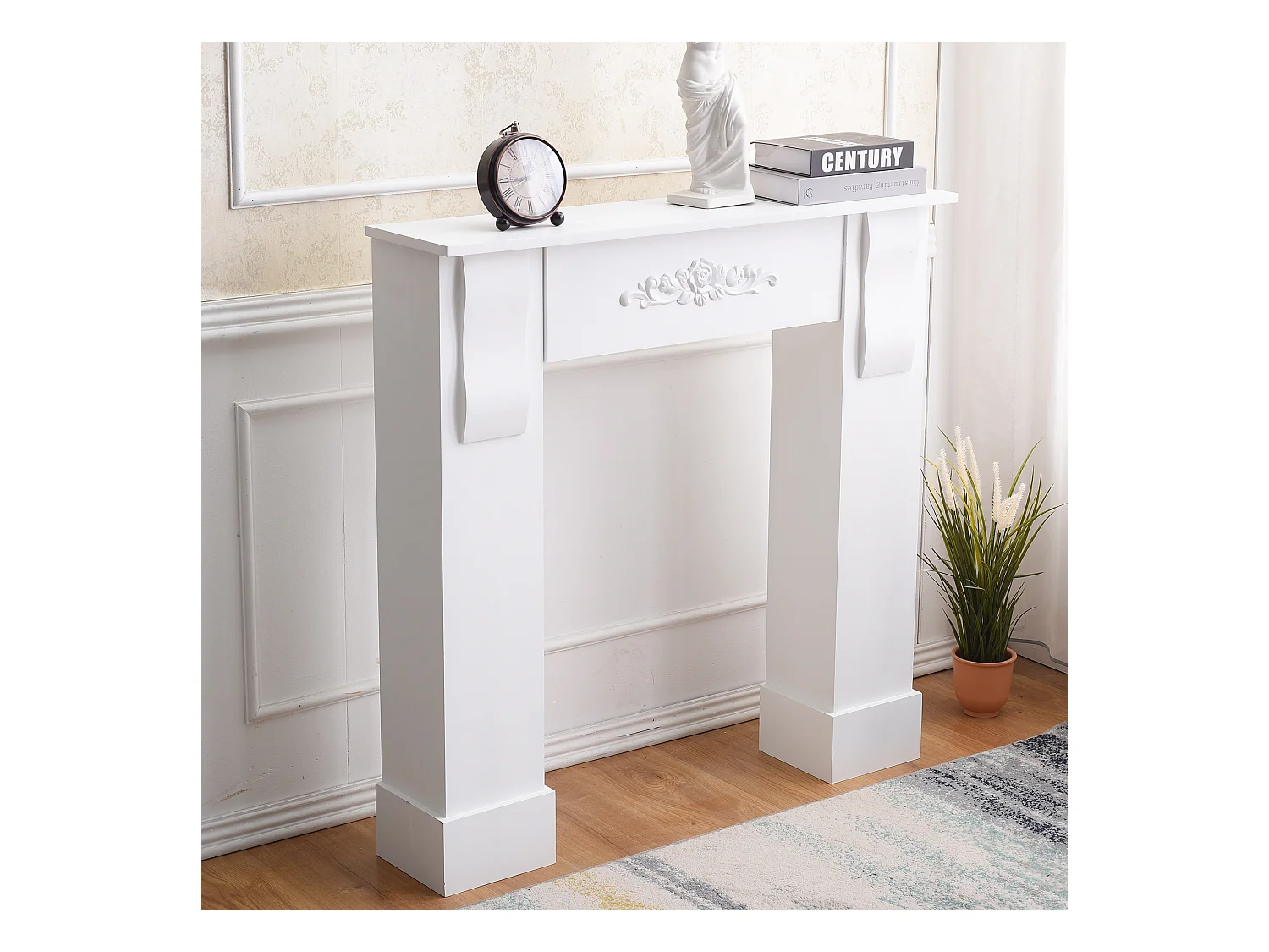 Cadre Cheminée Décoratif Florale Bois Blanc Rustique 92x93x22,5