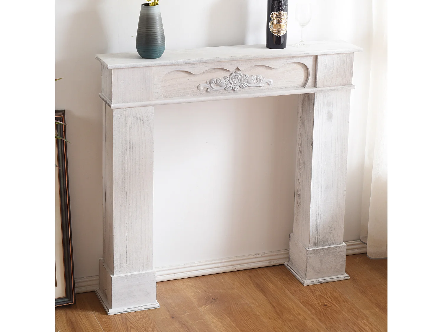 Cornice Decorativa Caminetto Legno Bianco Classico 99x104x21