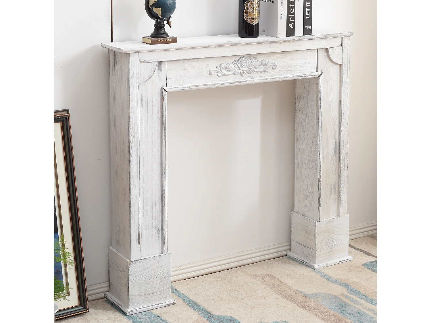 Rebecca Mobili Kaminumrandung Kaminkonsole Dekor Holz Grau Shabby 100x105x21