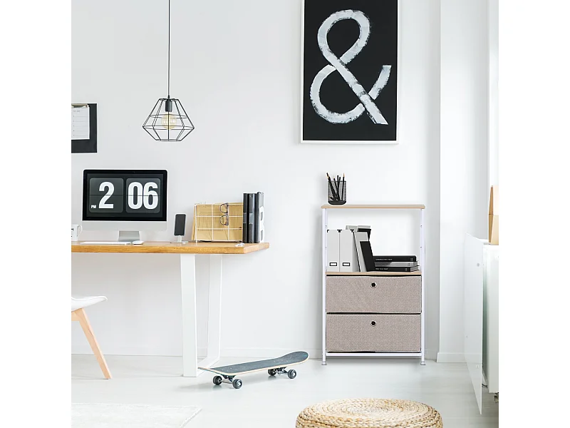 Meuble a tiroirs Bois Métal et Tissu Blanc Beige 1 étagère