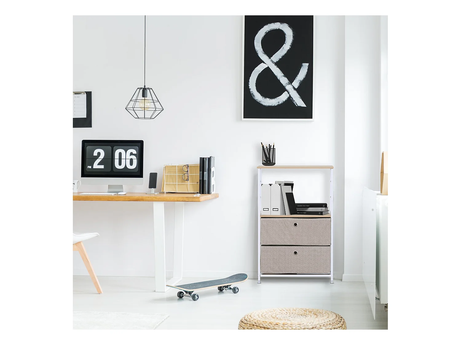 Meuble a tiroirs Bois Métal et Tissu Blanc Beige 1 étagère