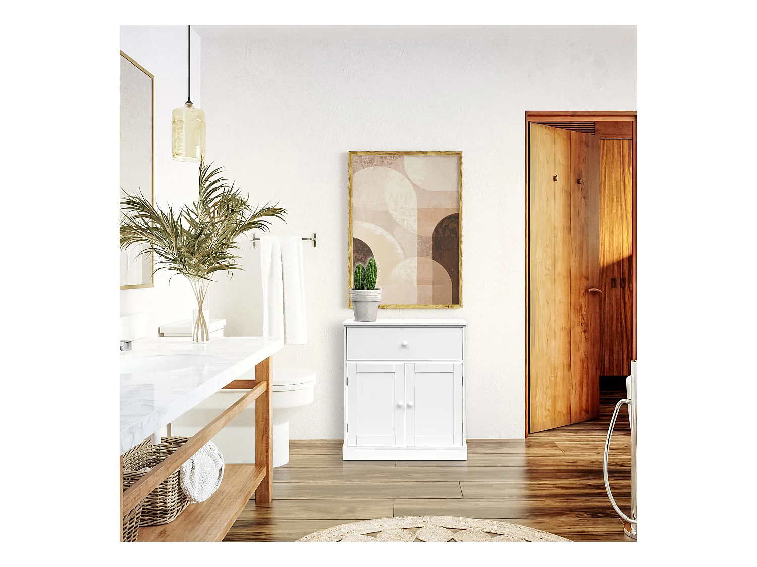 Armoire Meuble de salle de bains avec Tiroir 2 Portes en bois Blanc