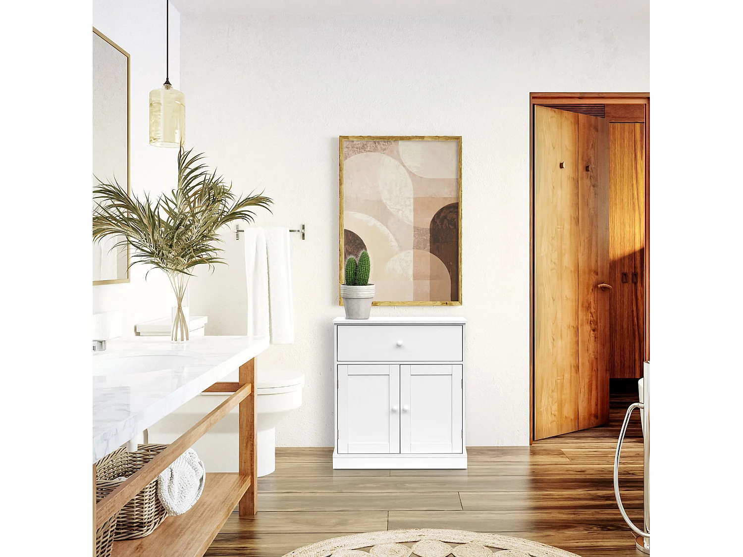 Armoire Meuble de salle de bains avec Tiroir 2 Portes en bois Blanc