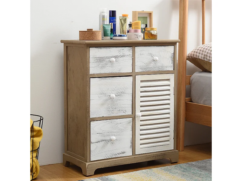 Armadietto Mobile Bianco Grigio 4 Cassetti 1 Anta Legno 70x60x30