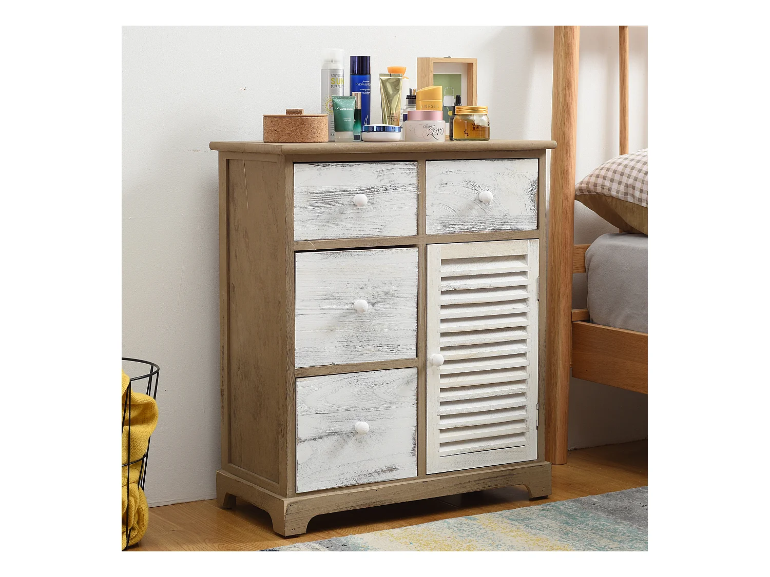 Armadietto Mobile Bianco Grigio 4 Cassetti 1 Anta Legno 70x60x30