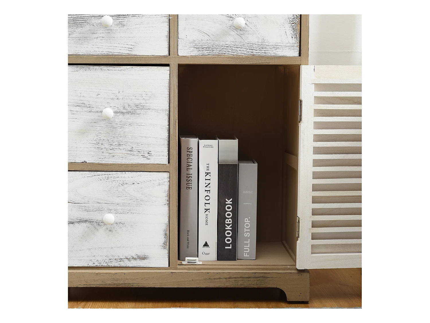 Armadietto Mobile Bianco Grigio 4 Cassetti 1 Anta Legno 70x60x30