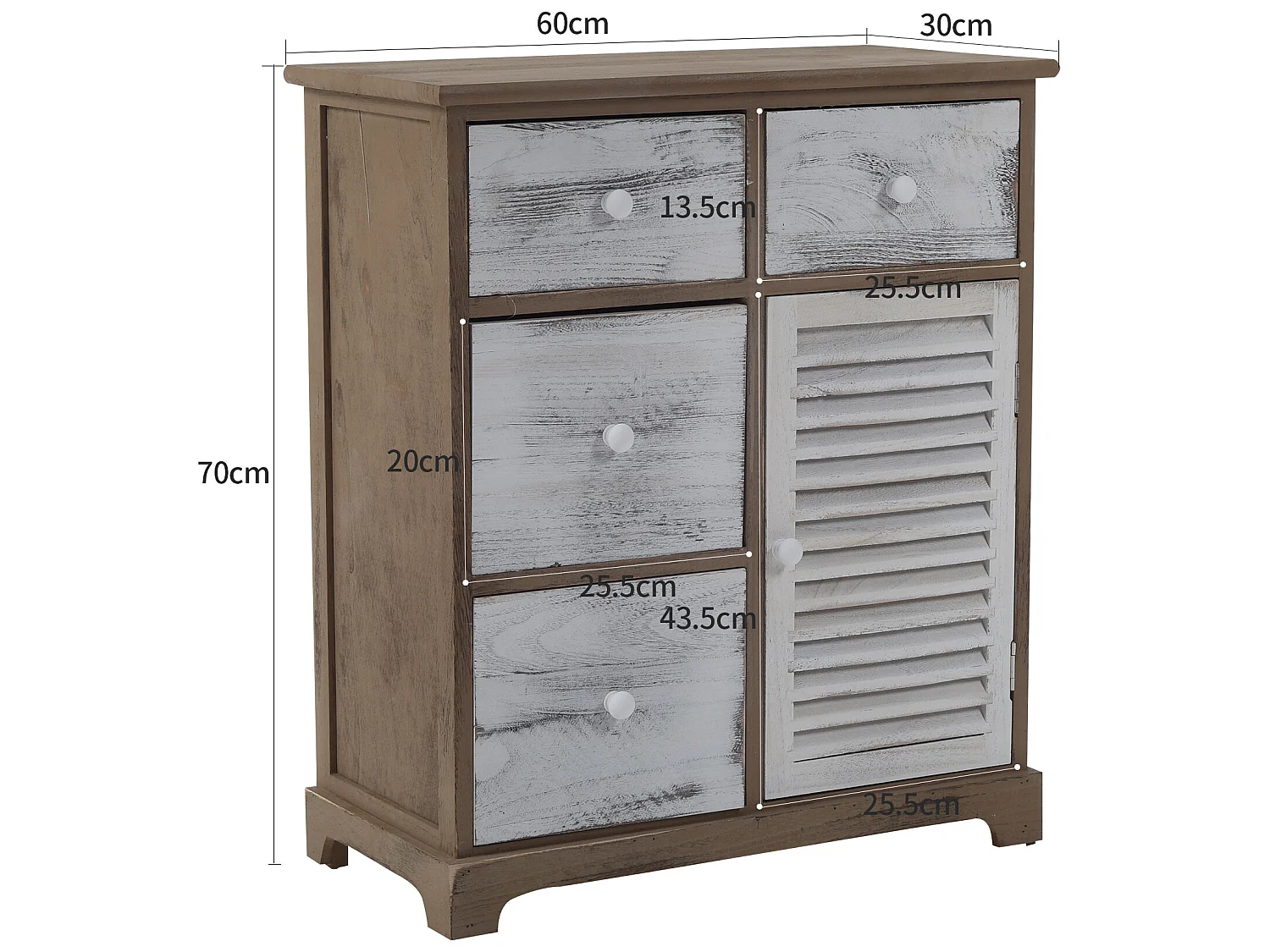 Meuble De Rangement Commode Gris Blanc 4 Tiroirs 1 Porte 70x60x30