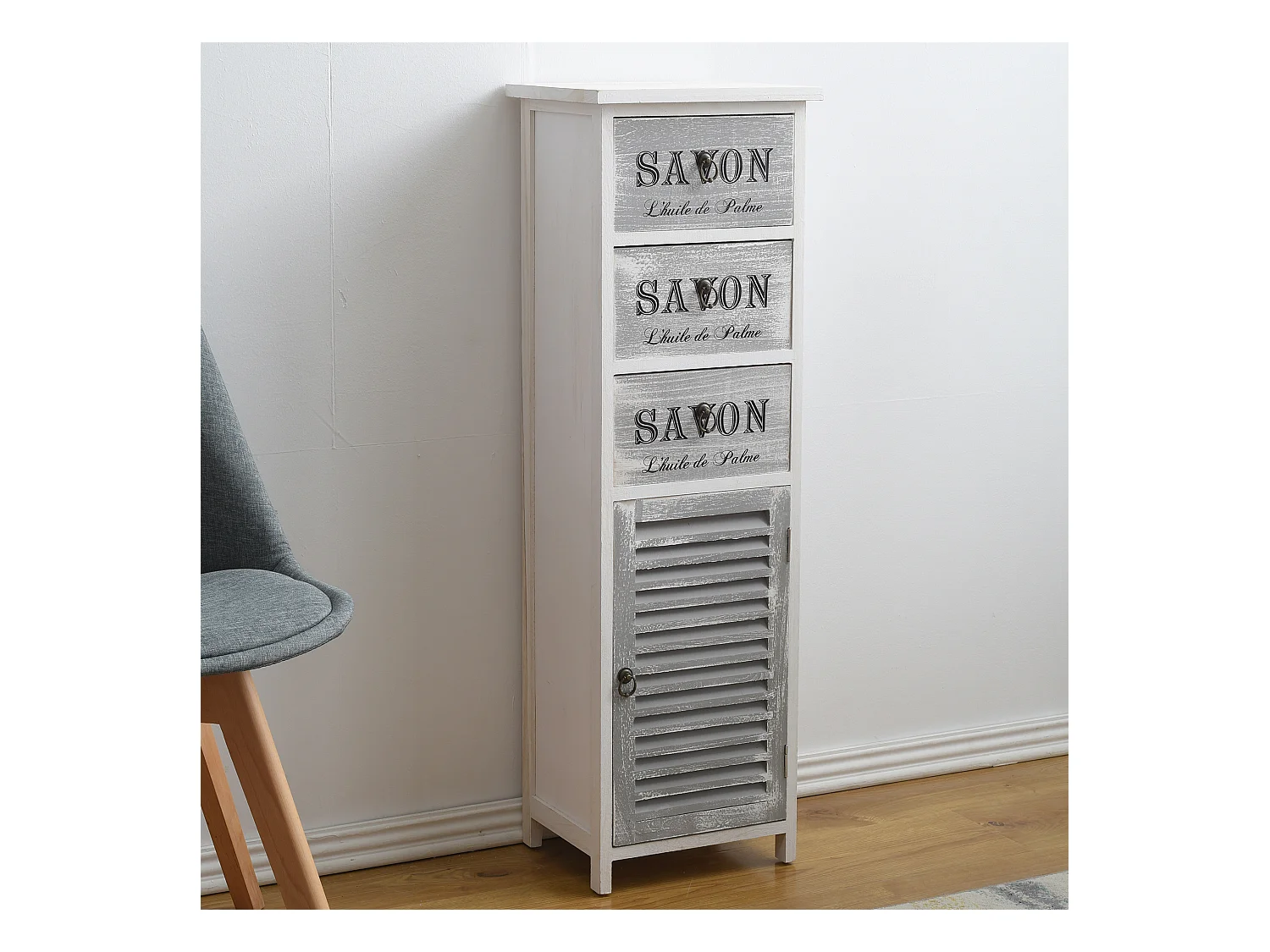 Commode Armoire Blanc Gris 3 Tiroirs Porte Bois 102x32x27