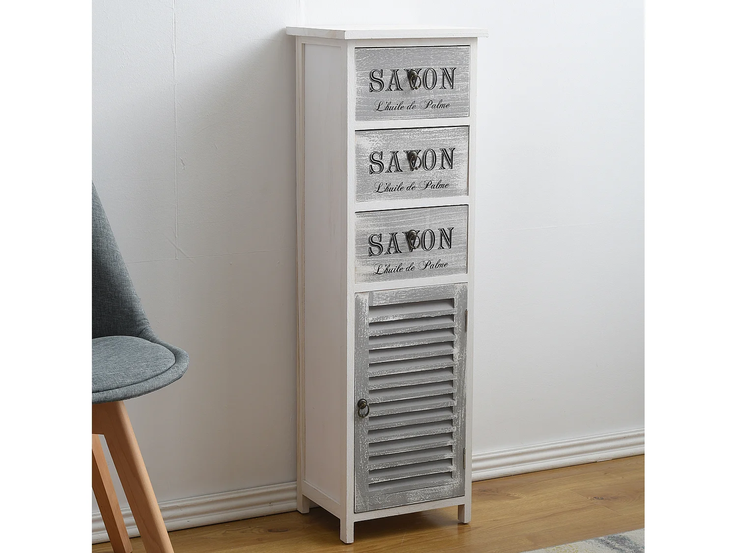 Mesa de cabeceira cinzenta 3 gavetas Porta de madeira 102x32x27