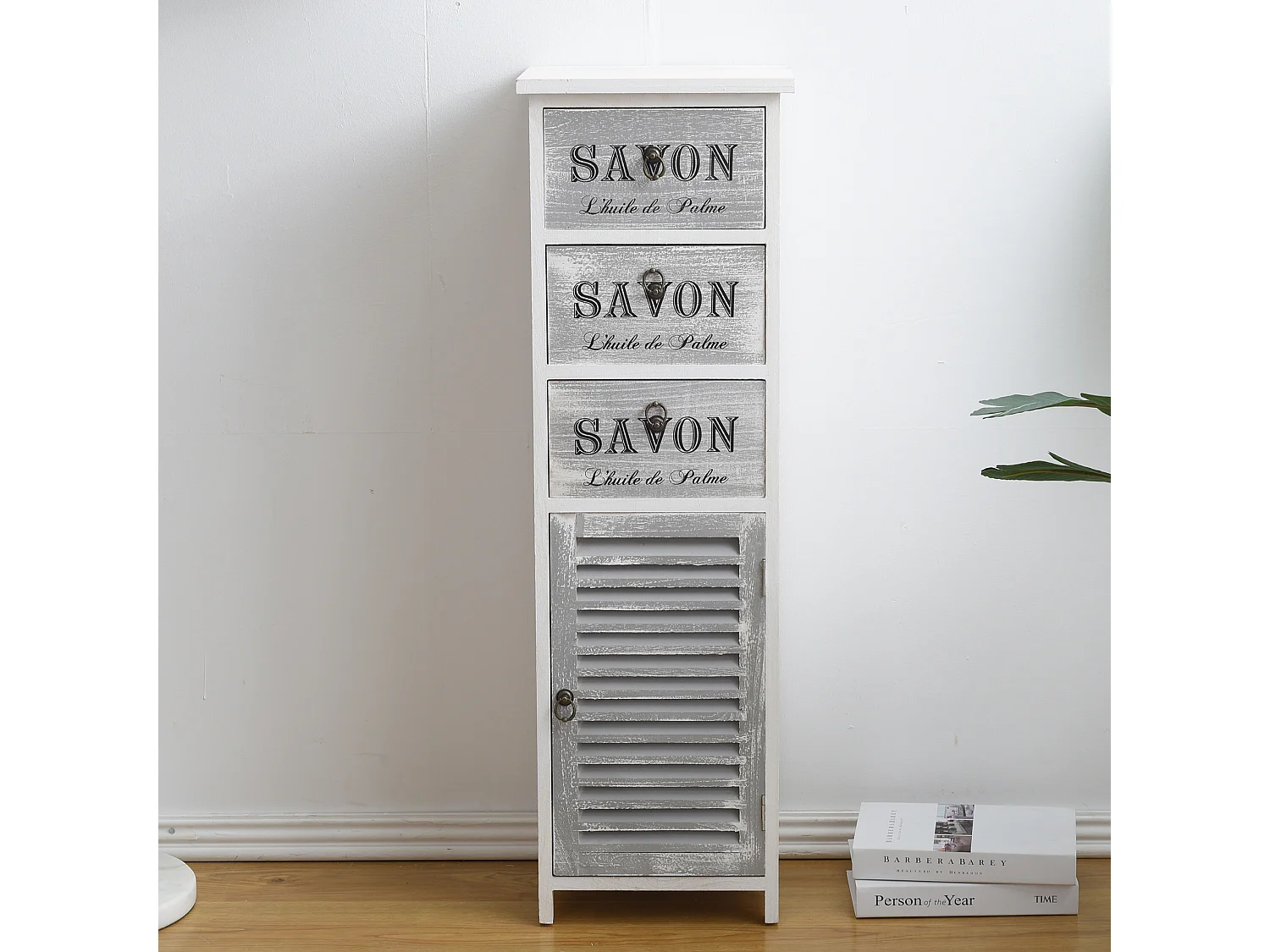 Mesa de cabeceira cinzenta 3 gavetas Porta de madeira 102x32x27