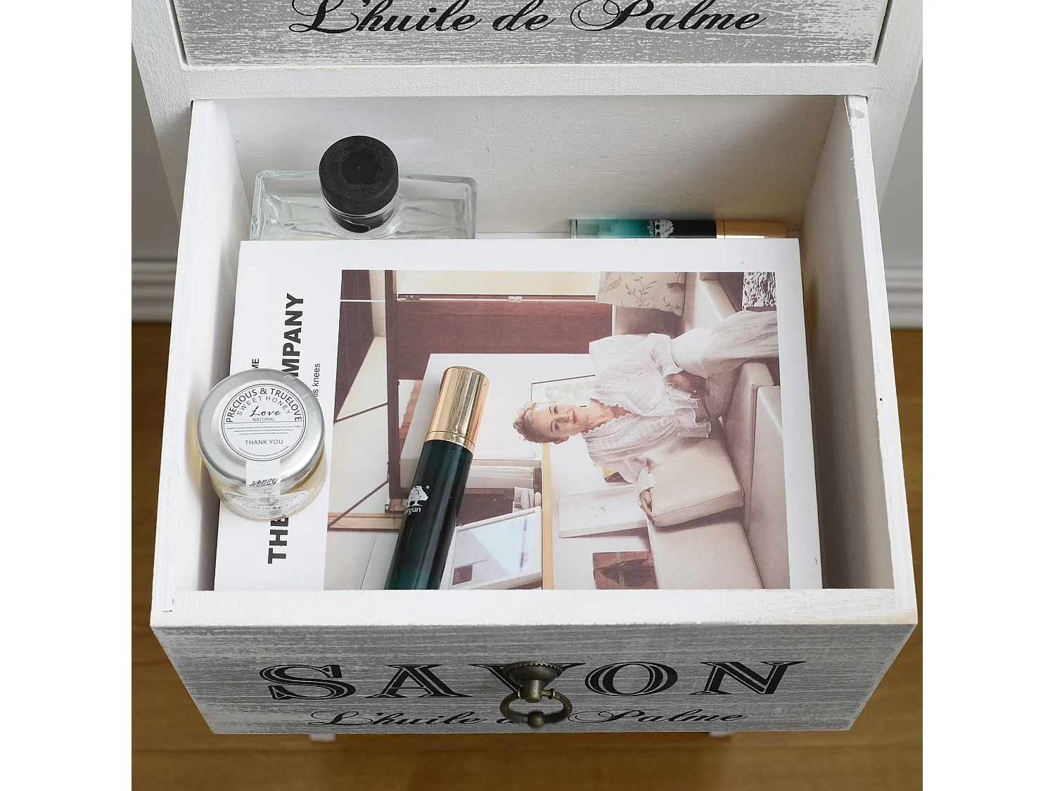 Mesa de cabeceira cinzenta 3 gavetas Porta de madeira 102x32x27