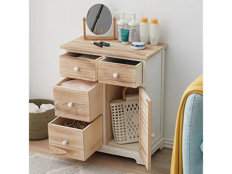 Cassettiera Credenza Bianco Legno 4 Cassetti 1 Anta 70x60x30