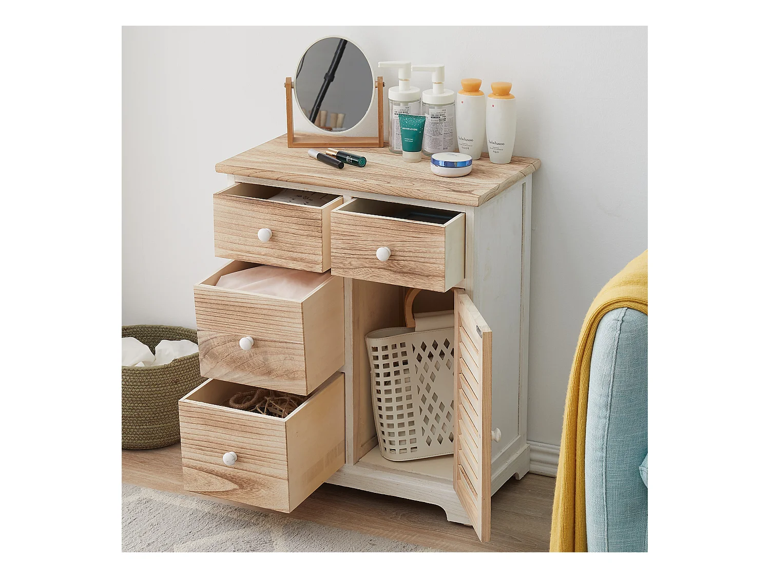 Armoire Commode Blanc Marron 4 Tiroirs 1 Porte Bois 70x60x30