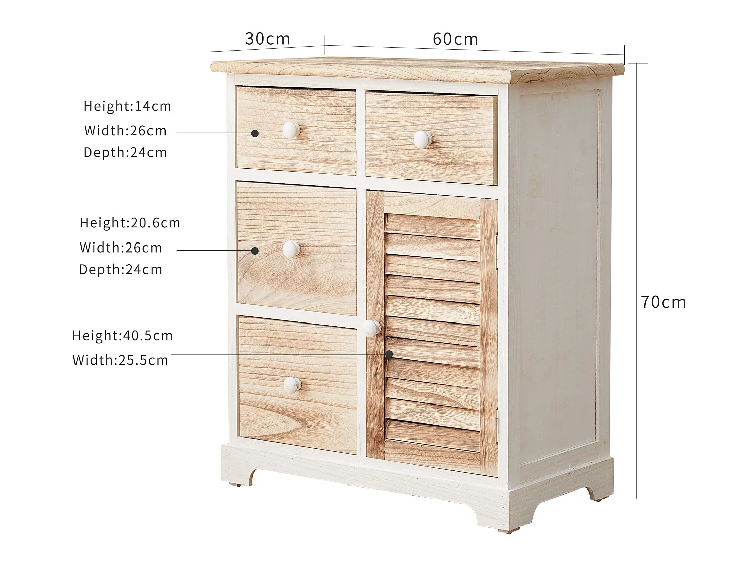 Armoire Commode Blanc Marron 4 Tiroirs 1 Porte Bois 70x60x30
