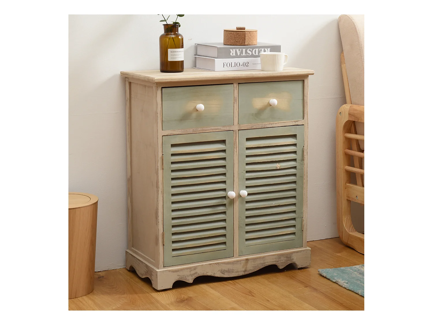 Commode Meuble 2 Porte 2 Tiroirs Bois Clair Vert 70x60x30