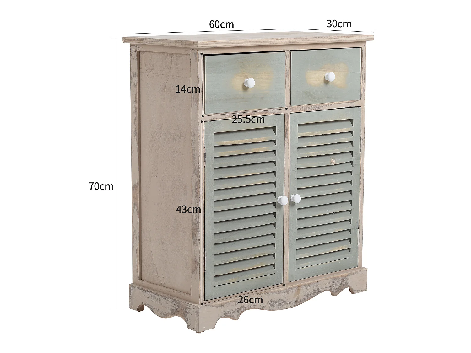 Commode Meuble 2 Porte 2 Tiroirs Bois Clair Vert 70x60x30