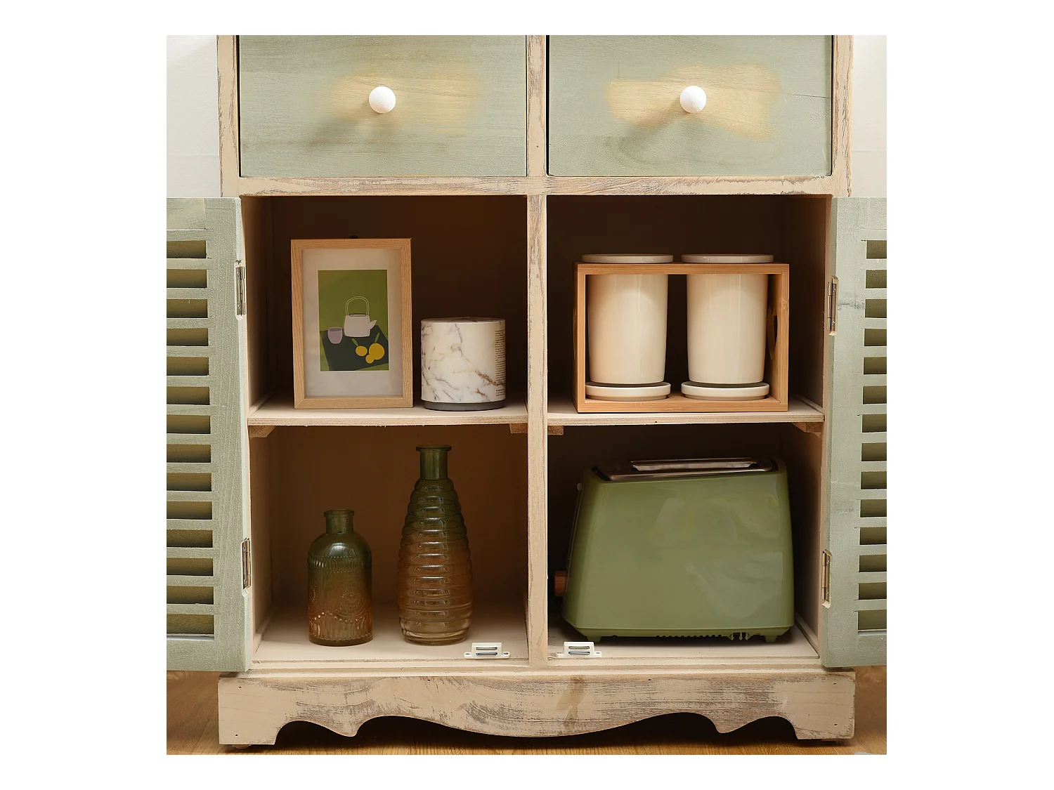 Commode Meuble 2 Porte 2 Tiroirs Bois Clair Vert 70x60x30