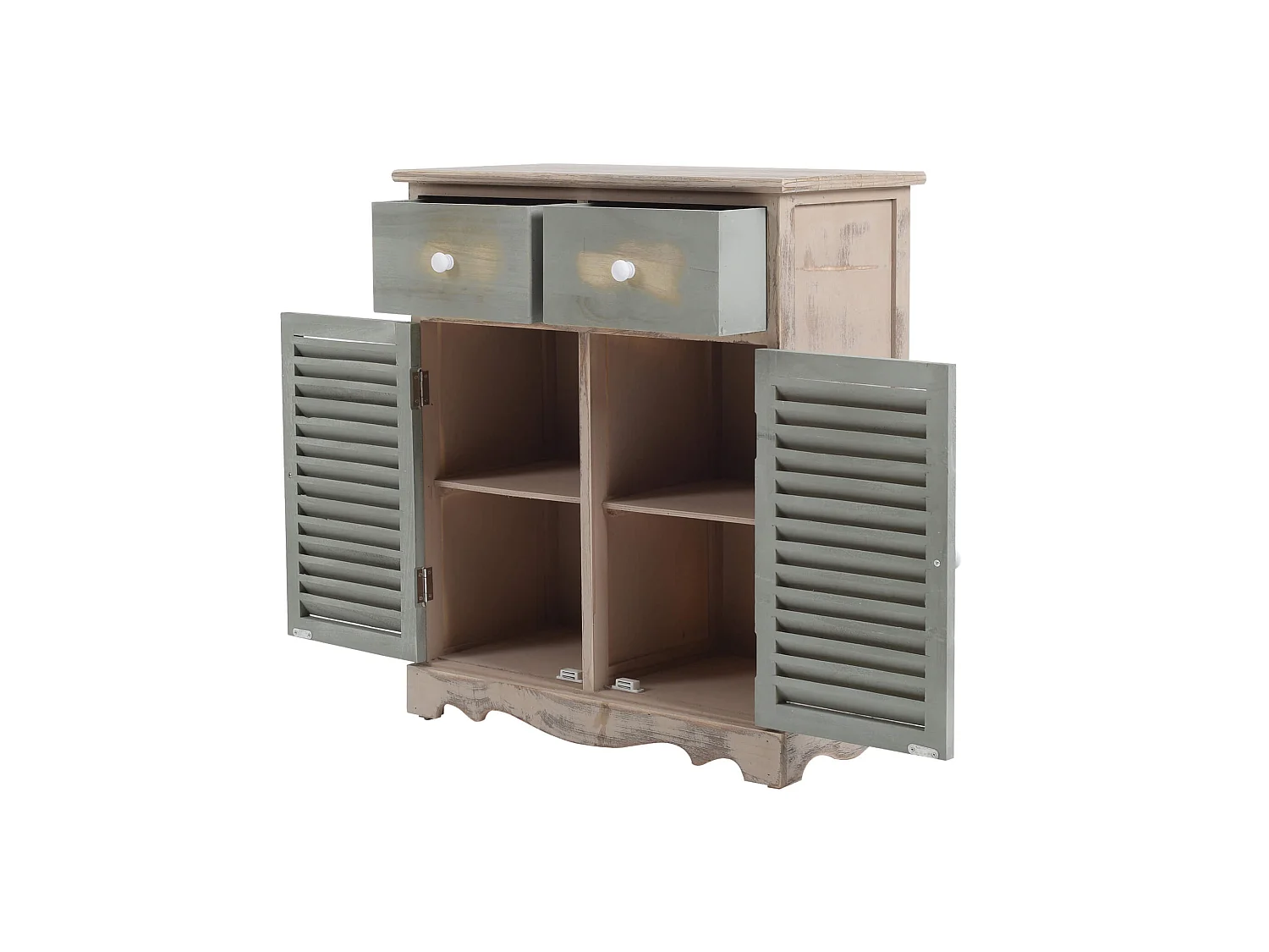 Commode Meuble 2 Porte 2 Tiroirs Bois Clair Vert 70x60x30
