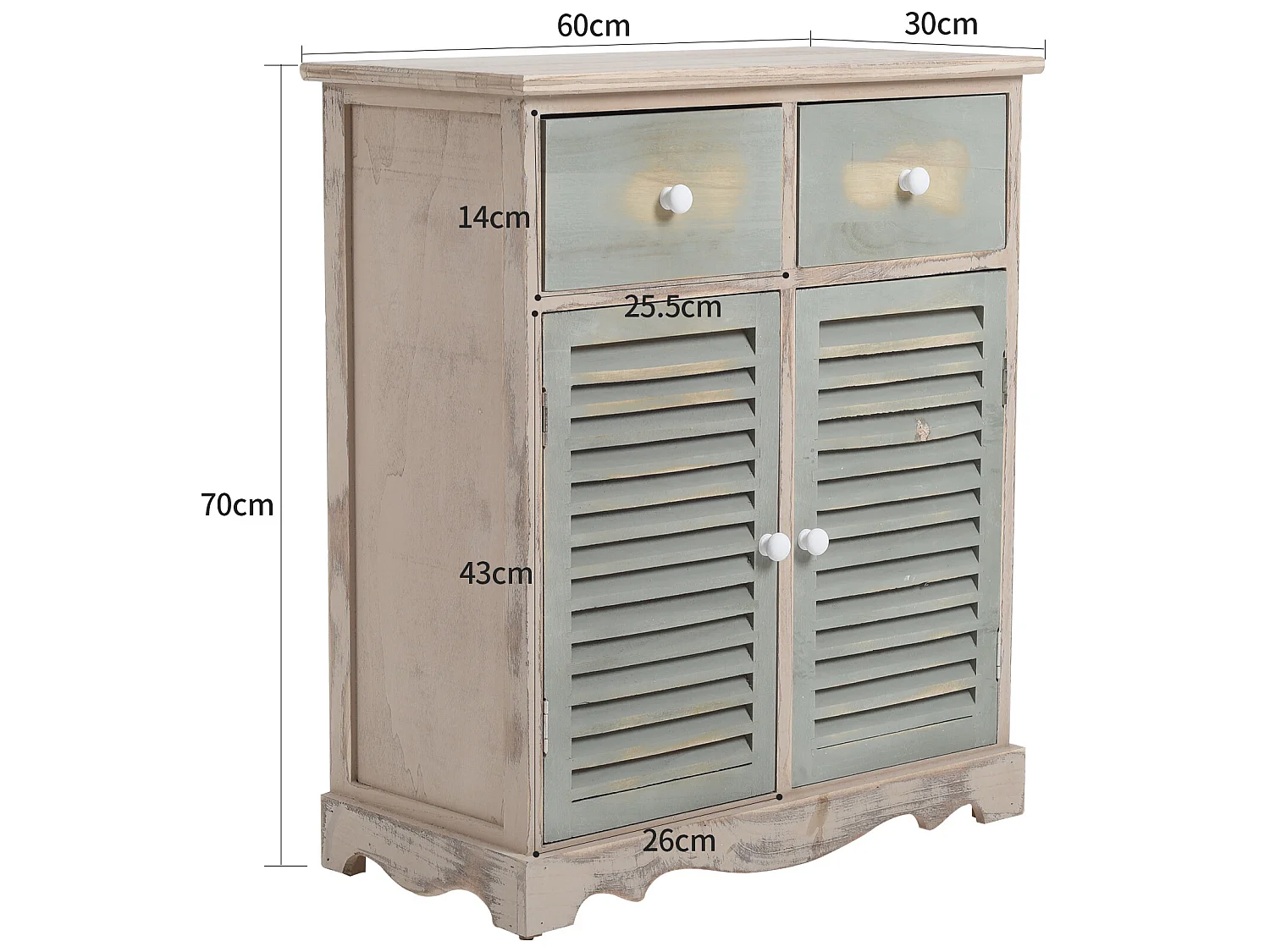 Commode Meuble 2 Porte 2 Tiroirs Bois Clair Vert 70x60x30