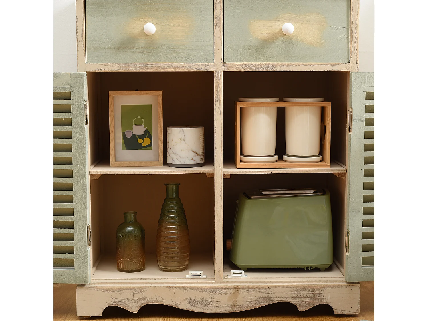 Commode Meuble 2 Porte 2 Tiroirs Bois Clair Vert 70x60x30