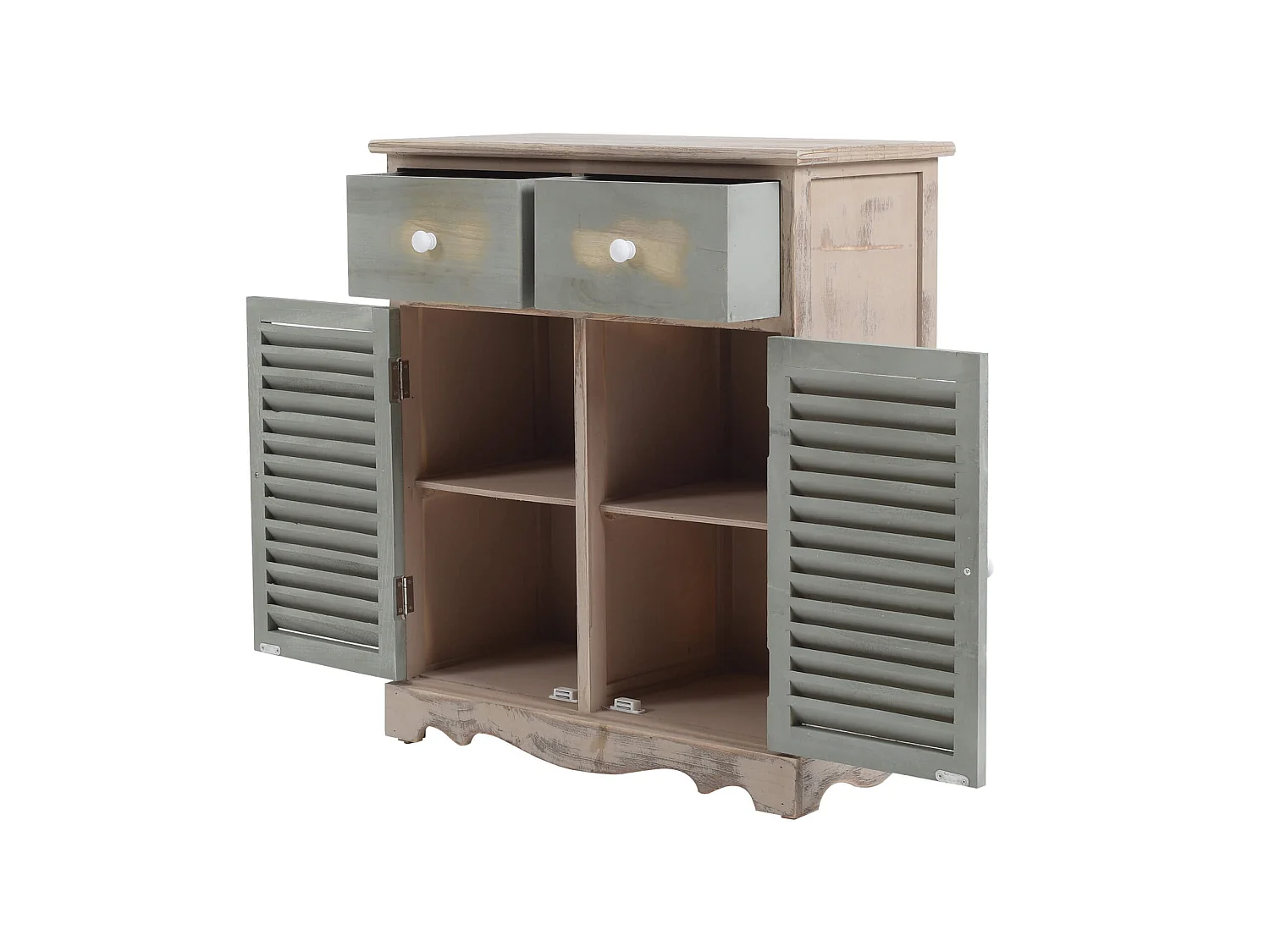 Commode Meuble 2 Porte 2 Tiroirs Bois Clair Vert 70x60x30