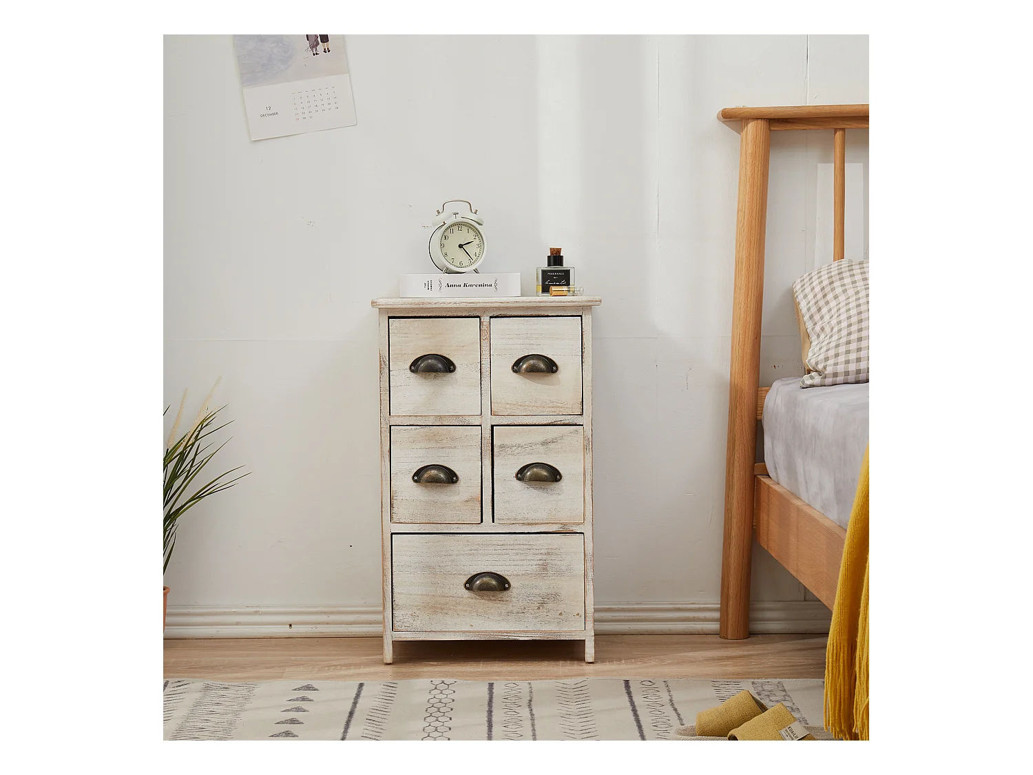 Comodino Cassettiera Bianco Shabby Vintage 5 Cassetti 66x40x30