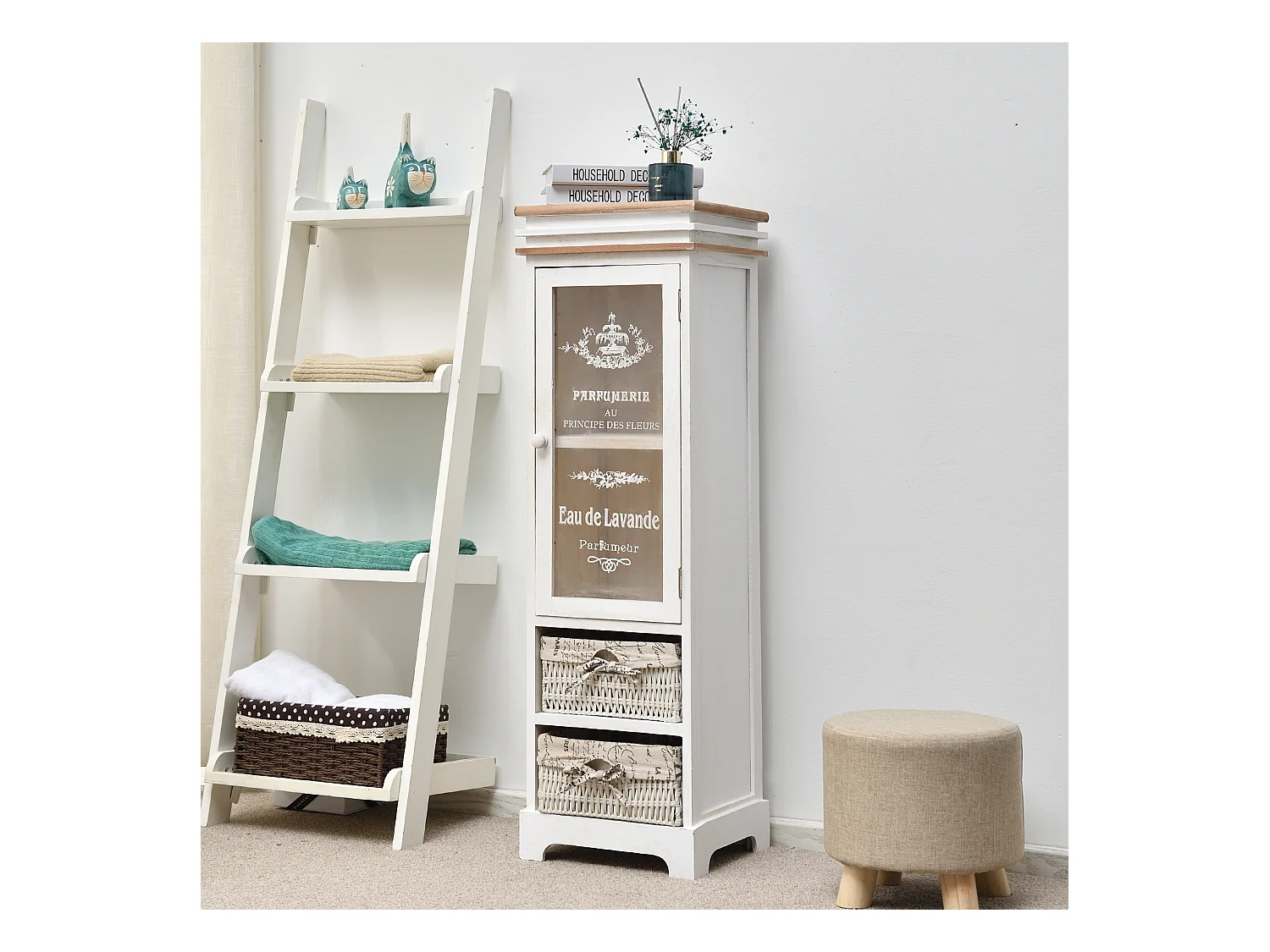 Meuble 2 Paniers 1 Port Bois Osier Blanc 102x32x27