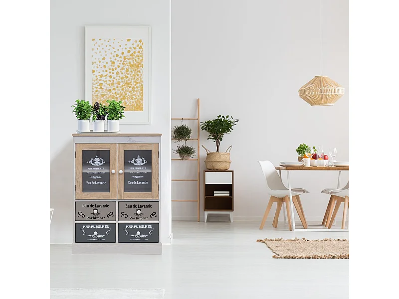 Mobiletto Vetrinetta Shabby con 4 Cassetti 2 Ante in Legno Bianco Beige Grigio