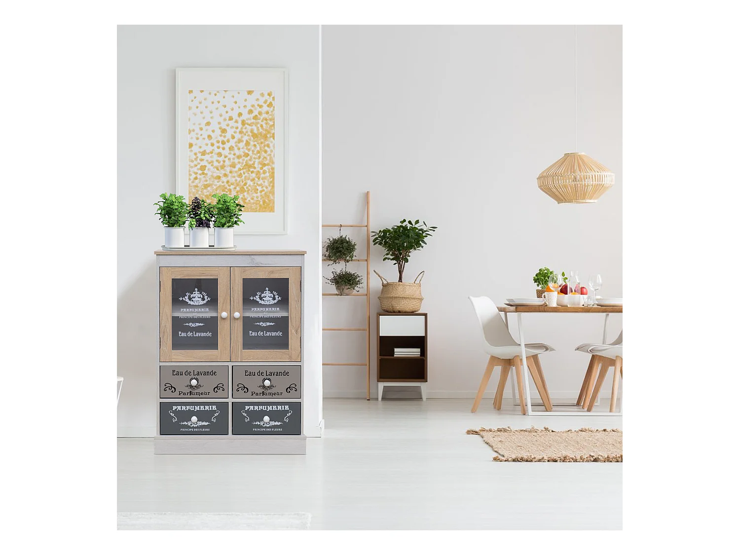 Mobiletto Vetrinetta Shabby con 4 Cassetti 2 Ante in Legno Bianco Beige Grigio
